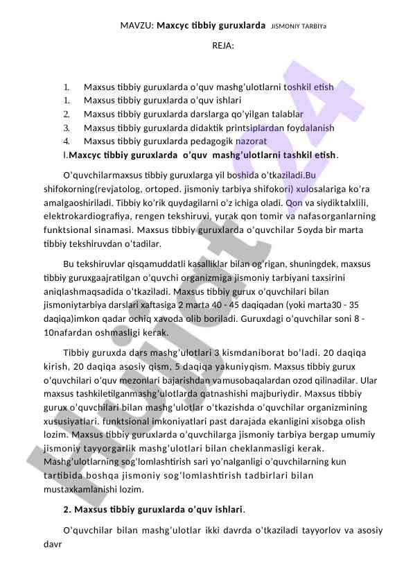 Maxsus tibbiy guruxlarda jismoniy tarbiya darslari