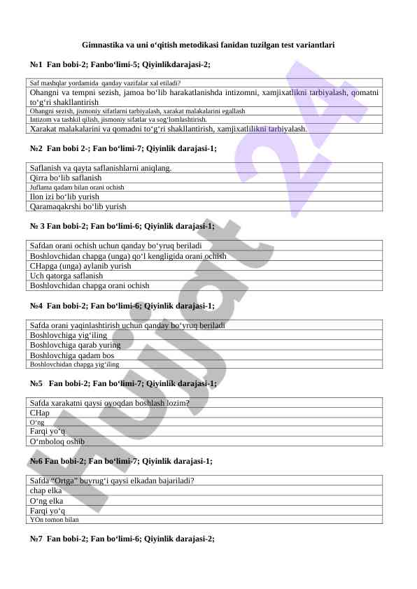 Gimnastika va uni o‘qitish metodikasi test variantlari