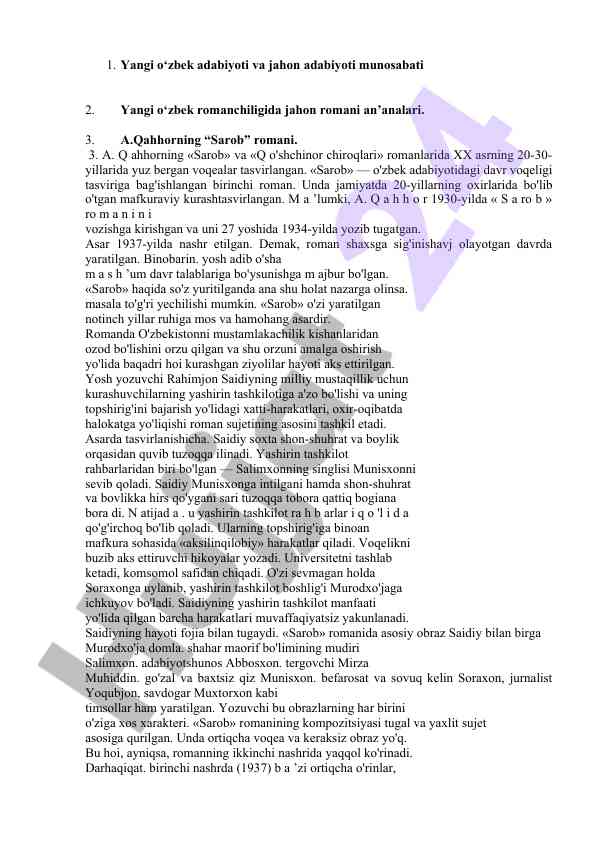Yangi o‘zbek adabiyoti va jahon adabiyoti munosabati
