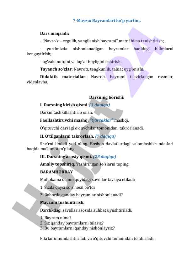 Bayramlar ko‘p yurtim: navro‘z bayramiga bag‘ishlangan dars