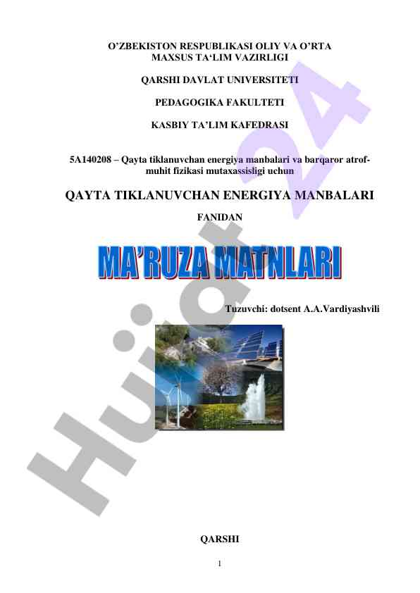 Qayta tiklanuvchan energiya manbalari o‘quv qo‘llanmasi