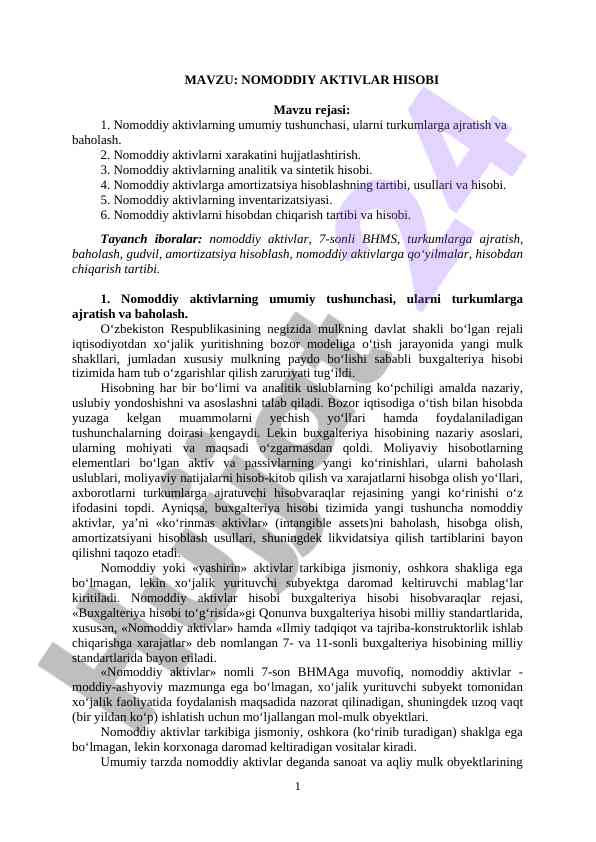 Nomoddiy aktivlar hisobi tushunchalari va usullari
