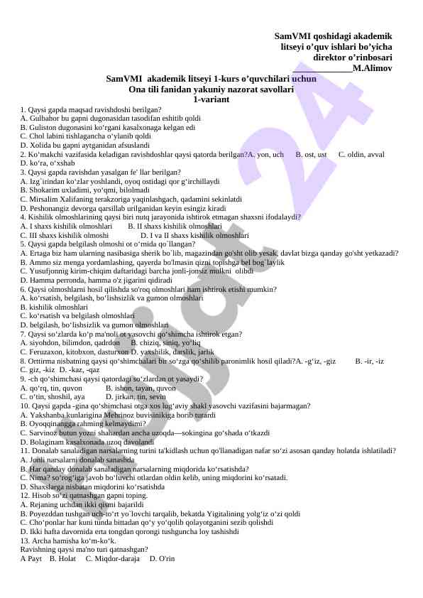 Ona tili fanidan yakuniy nazorat savollari 1-variant