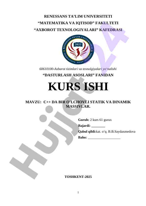 C++ da bir o'lchovli statik va dinamik massivlar