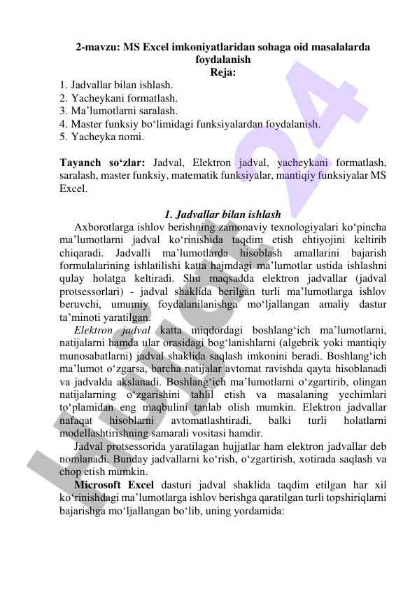 Ms excel imkoniyatlaridan foydalanish bo‘yicha qo‘llanma