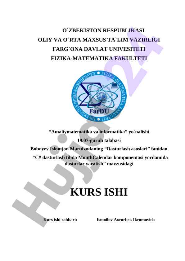 C# dasturlash tilida monthcalendar komponentasi