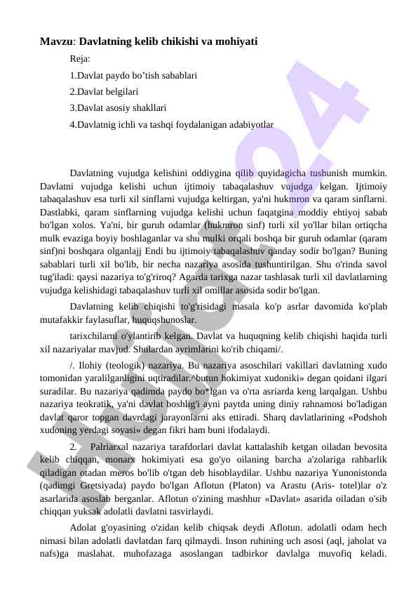 Davlatning kelib chikishi va mohiyati mavzusi