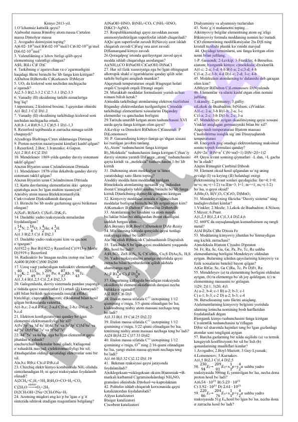 Kimyo testlari 2013-yil savollari va javoblari