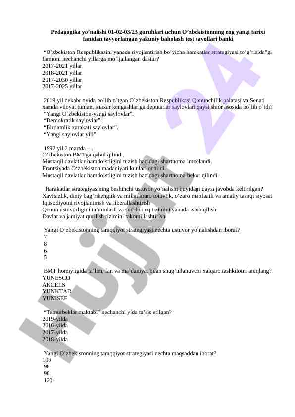O‘zbekiston tarixi fanidan tayyorlangan test savollari