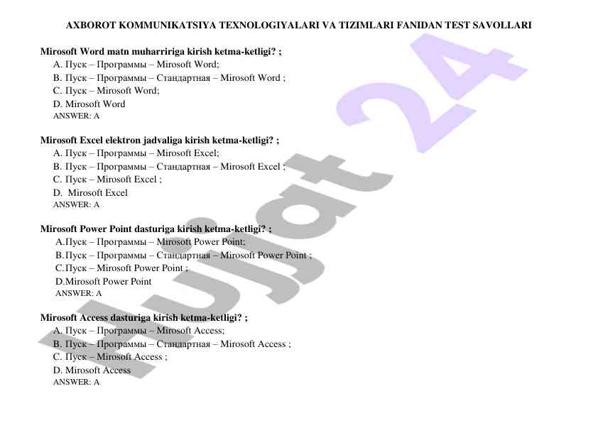 Axborot kommunikatsiya texnologiyalari test savollari