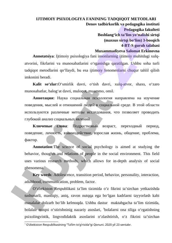 Ijtimoiy psixologiya fanining tadqiqot metodlari