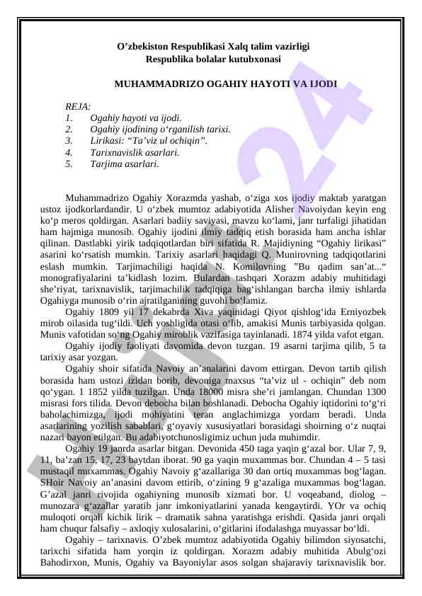 Muhammadrizo Ogahiy Hayoti Va Ijodi
