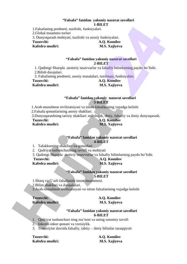 Falsafa fanidan yakuniy nazorat savollari