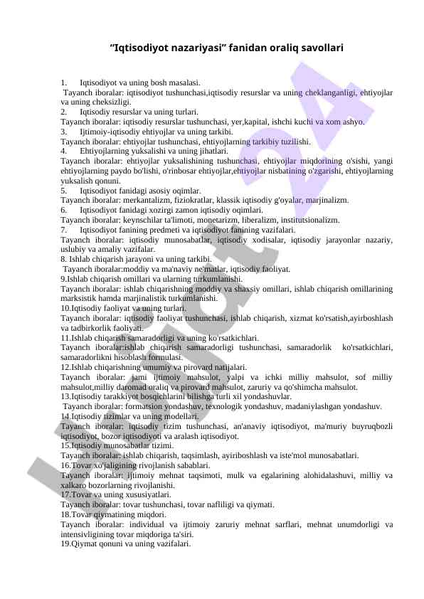 Iqtisodiyot nazariyasi fanidan oraliq savollari
