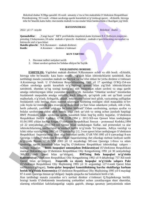 Odam savdosiga qarshi kurashish yig'ilishi bayonnomasi