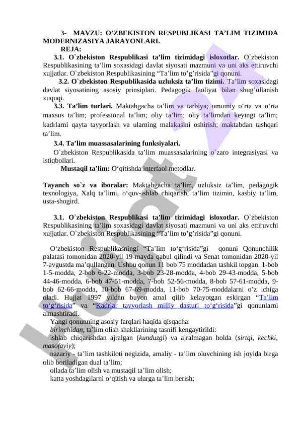 O'zbekiston ta'lim tizimidagi modernizatsiya jarayonlari