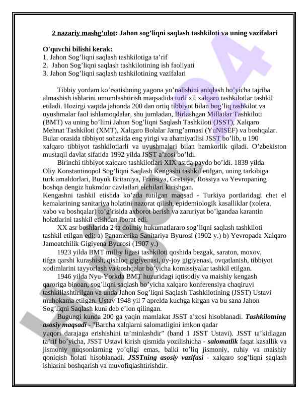 Jahon sog’liqni saqlash tashkiloti va vazifalari