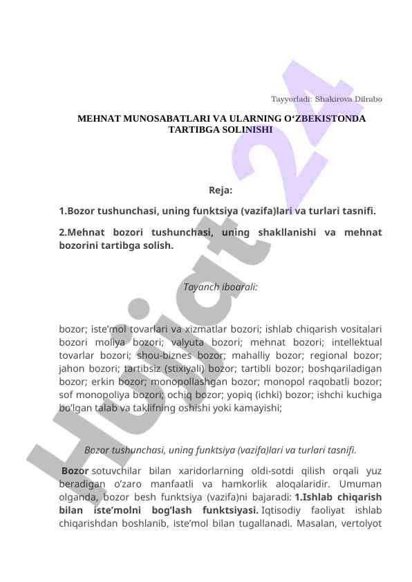 Mehnat munosabatlari va ularning o‘zbekiston tartibi