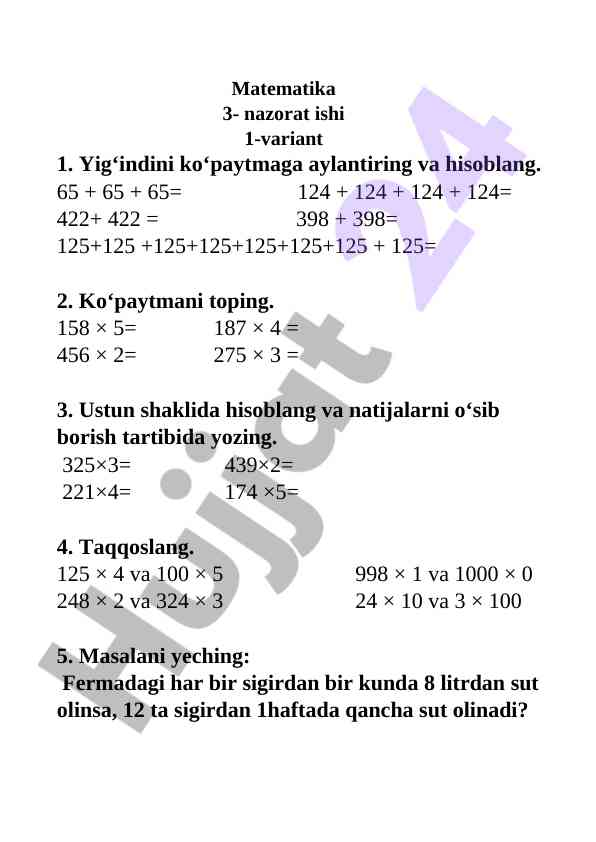 Matematika nazorat ishi 1-variant