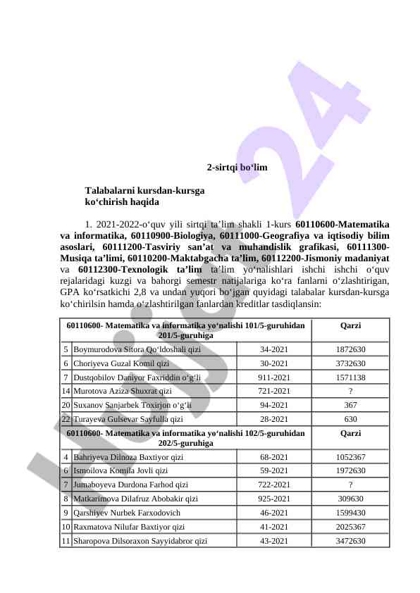 Kursdan-kursga ko‘chirish murojaatlari 2021-2022