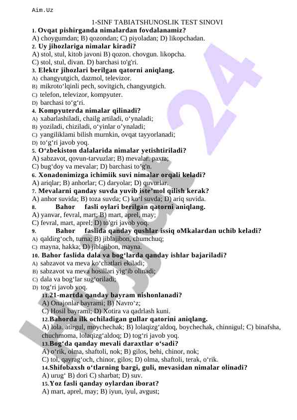 1-sinf tabiatshunoslik test sinovi
