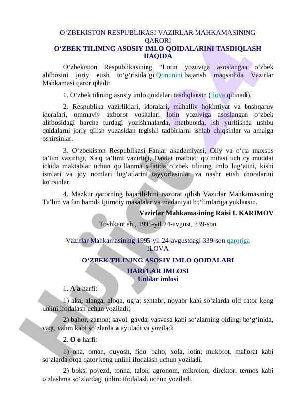 O‘zbekiston respublikasi o‘zbek tilining imlo qoidalari