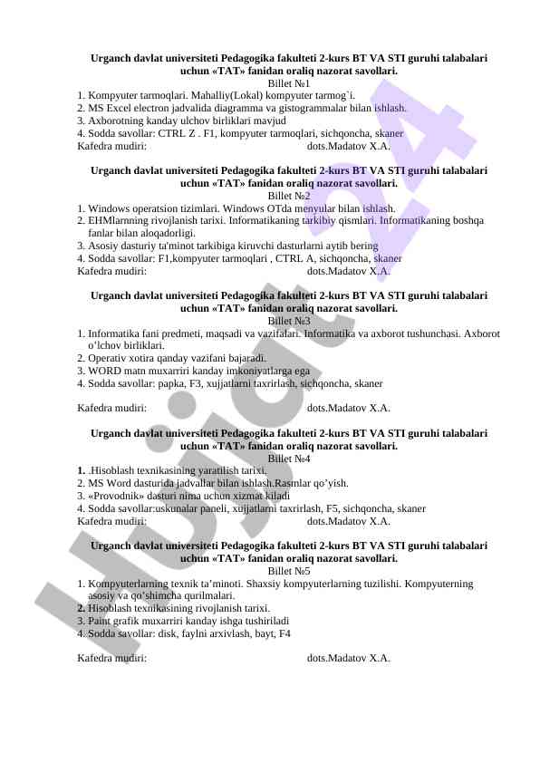 Oraliq nazorat savollari tat fani uchun