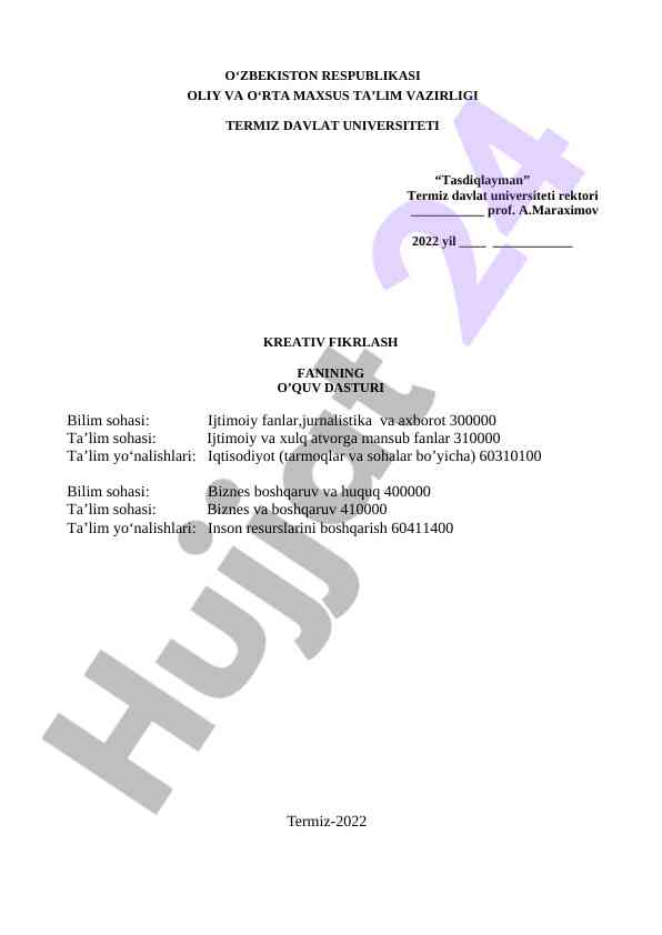 Kreativ fikrlash fanining o‘quv dasturi