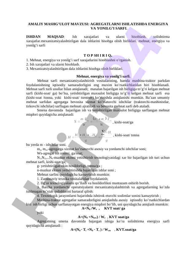 Agregatlarda energiya va yonilg‘i sarfi tahlili