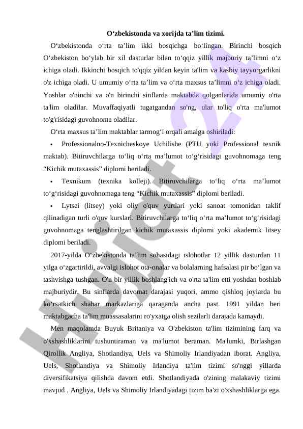 O‘zbekistonda ta’lim tizimi haqida ma’lumot