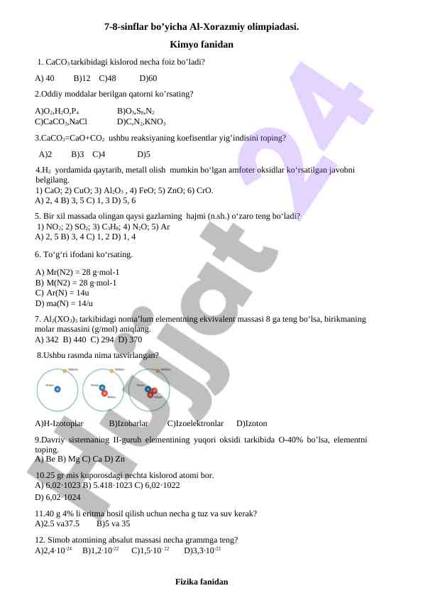 Al-xorazmiy olimpiadasi kimyo fanidan savollar