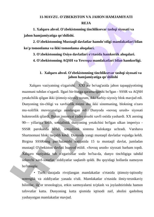 O'zbekistonning tinchliksevar tashqi siyosati
