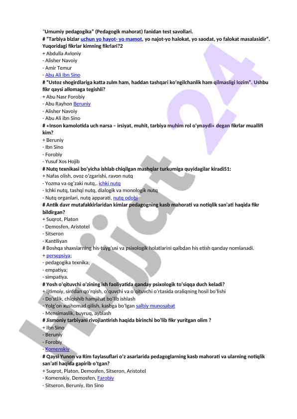 Umumiy pedagogika fanidan test savollari