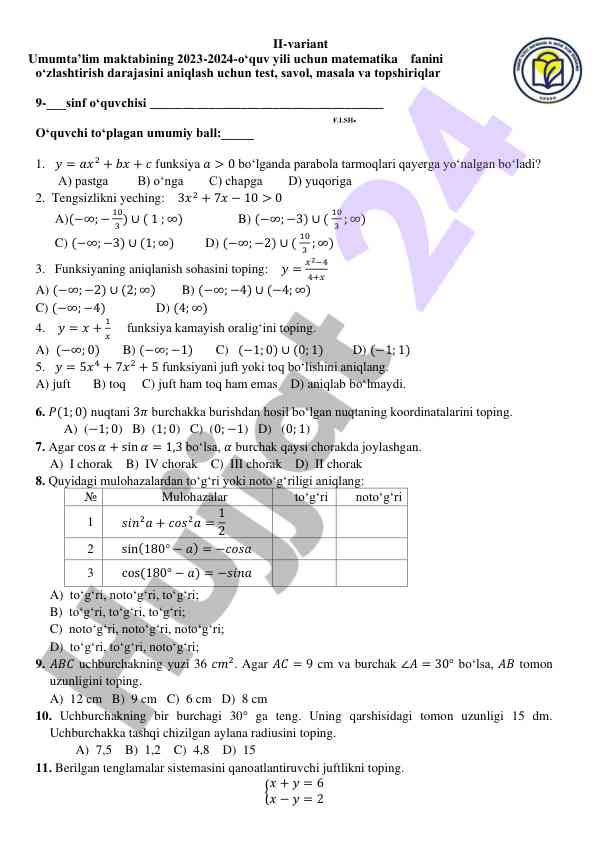 Matematika fanini o'zlashtirish testlarini aniqlash