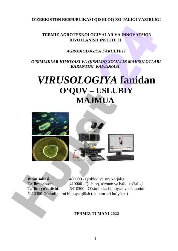 Virusologiya fanidan o‘quv – uslubiy majmua
