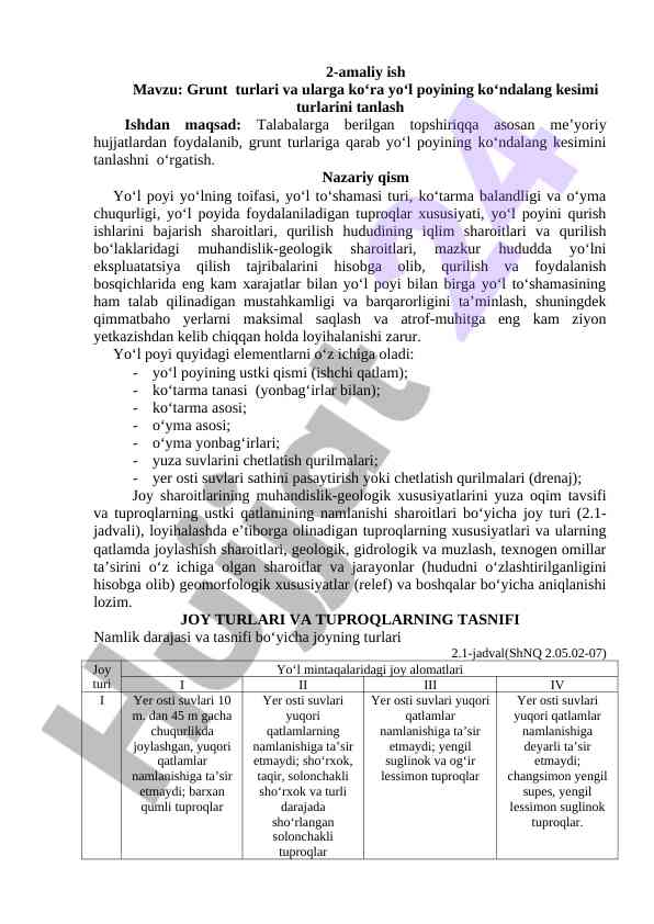Grunt turlari va yo‘l poyining ko‘ndalang kesimi
