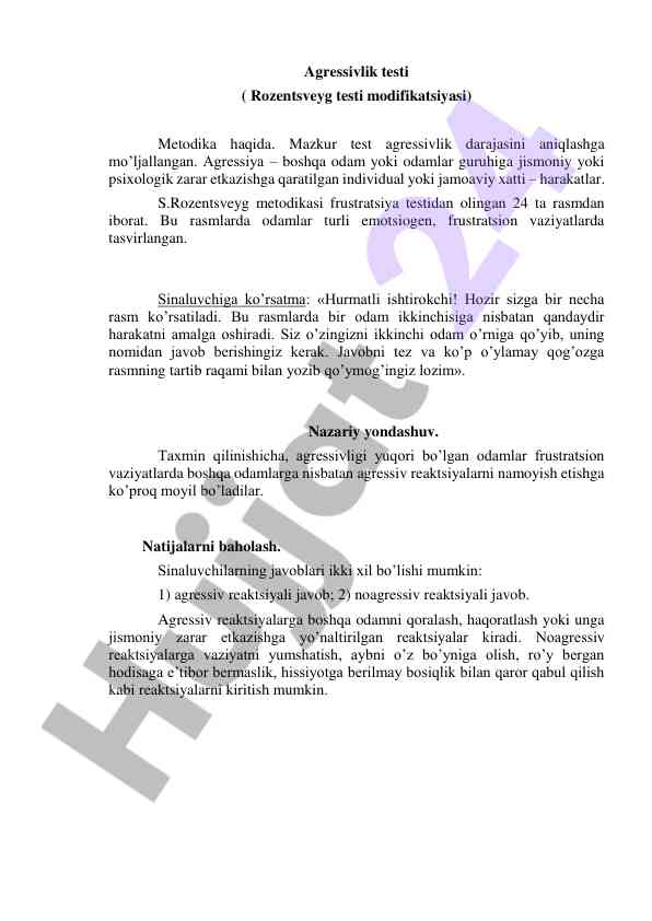 Agressivlik testi metodikasining tahlili