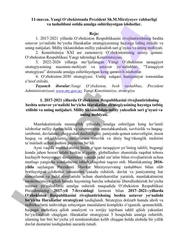 Islohotlar yangi o‘zbekiston taraqqiyoti o‘rganilishi