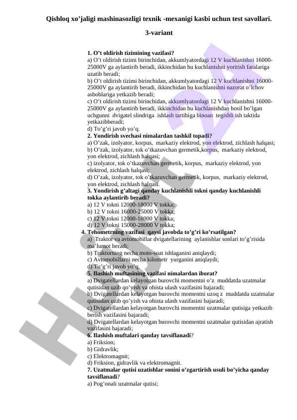 Qishloq xo’jaligi mashinasozligi test savollari