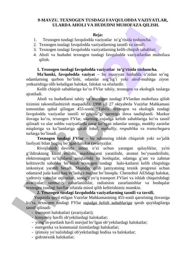 Texnogén tusdagi favqulodda vaziyatlar tahlili