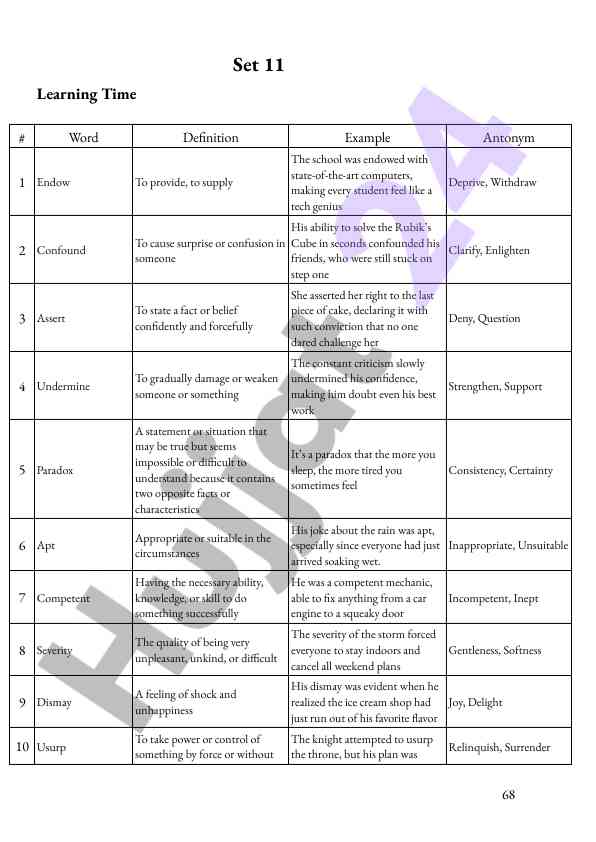 Learning time vocabulary words and definitions