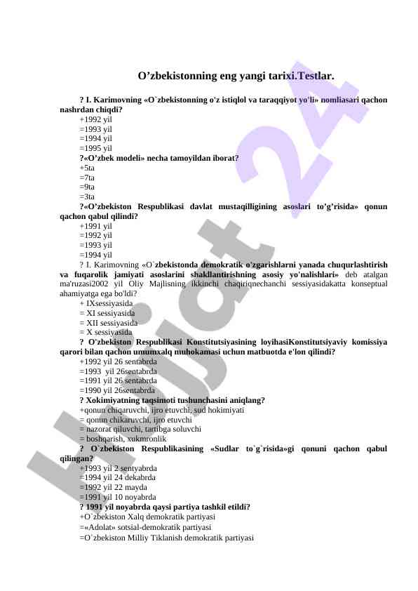 O’zbekiston tarixi testlari uchun savollar