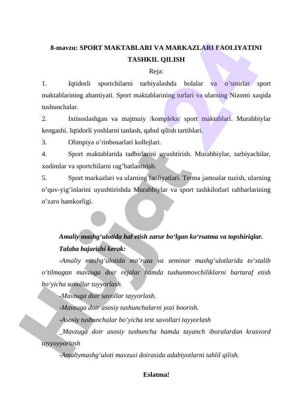 Sport maktablari va markazlari faoliyatini tashkil qilish