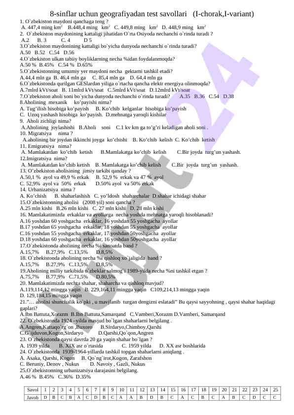 Geografiyadan test savollari 8-sinflar uchun