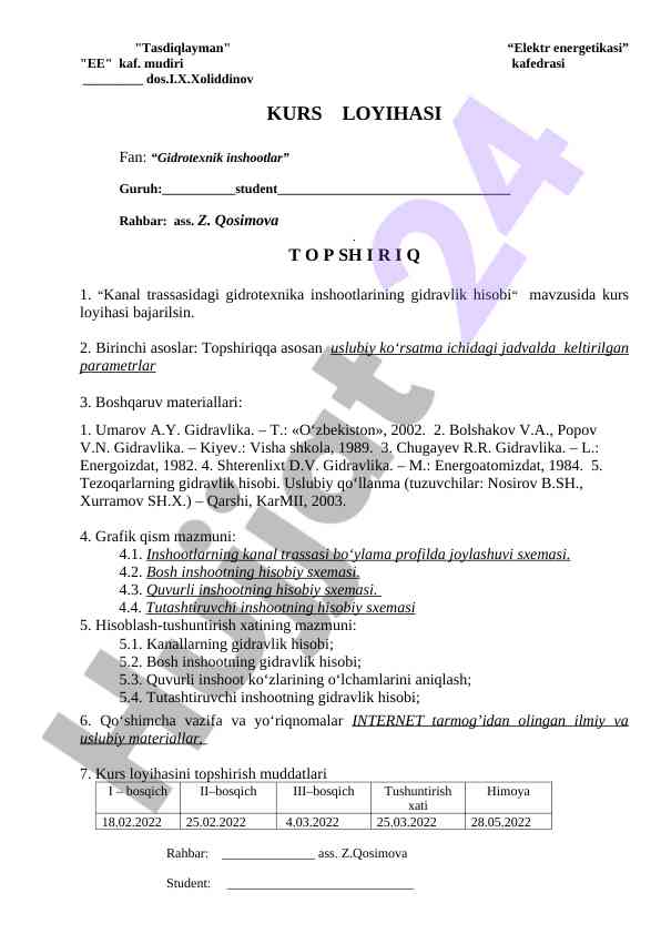 Kanal trassasidagi gidrotexnika inshootlarining hisobi