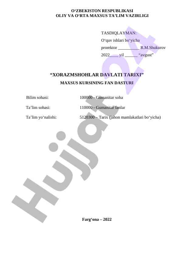 Xorazmshohlar davlati tarixi kursi dasturi