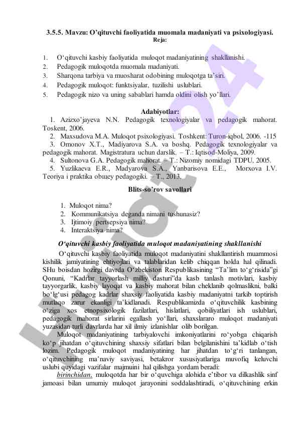O'qituvchi faoliyatida muomala madaniyati va psixologiyasi