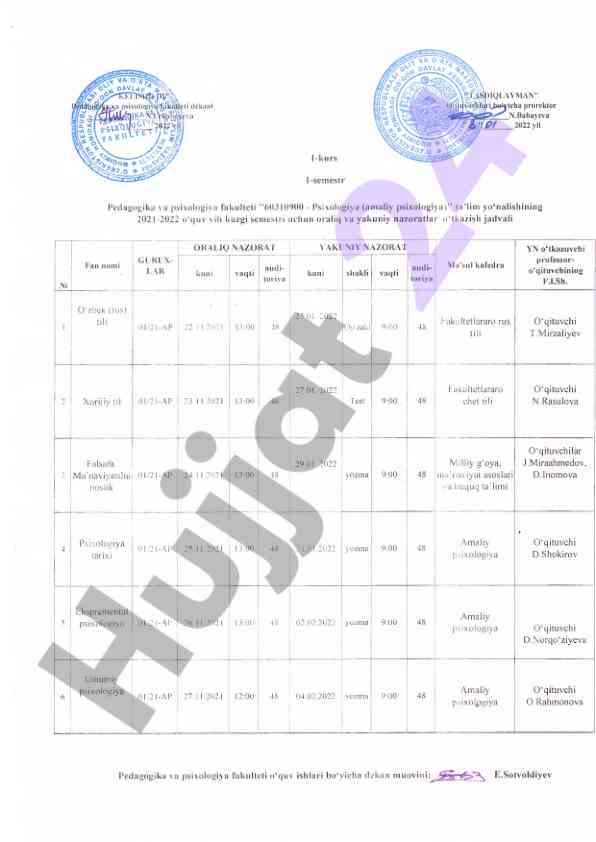 Oraliq va yakuniy nazoratlar jadvali 2021-2022