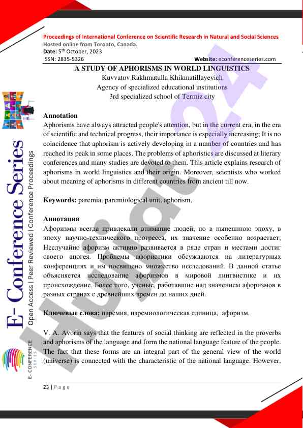 A study of aphorisms in world linguistics