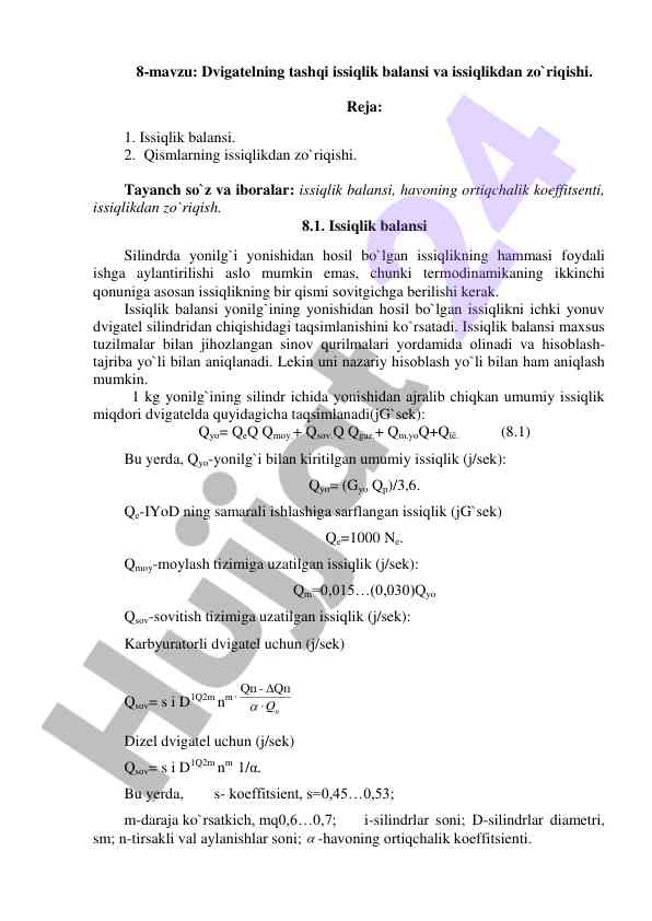 Dvigatelning tashqi issiqlik balansi va zo'riqish tahlili
